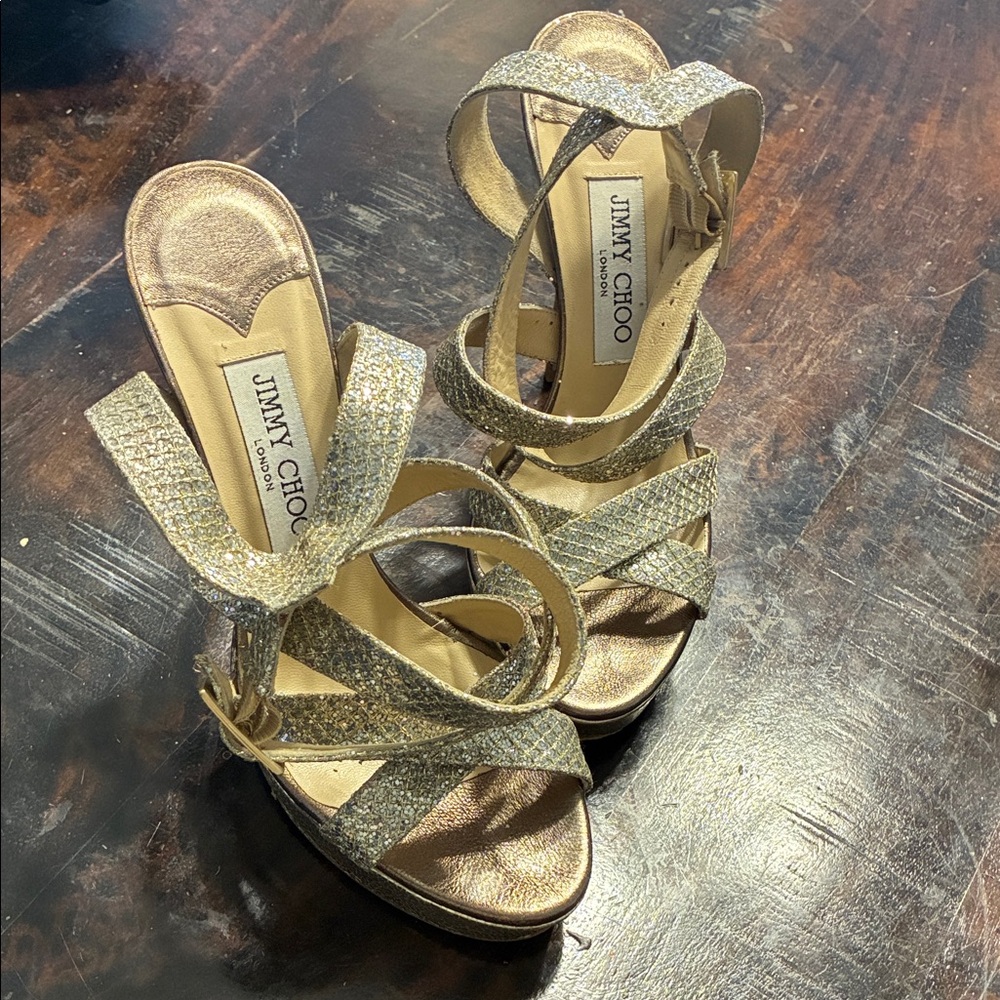 Jimmy Choo Gold Glitter Strappy Platform Sandals